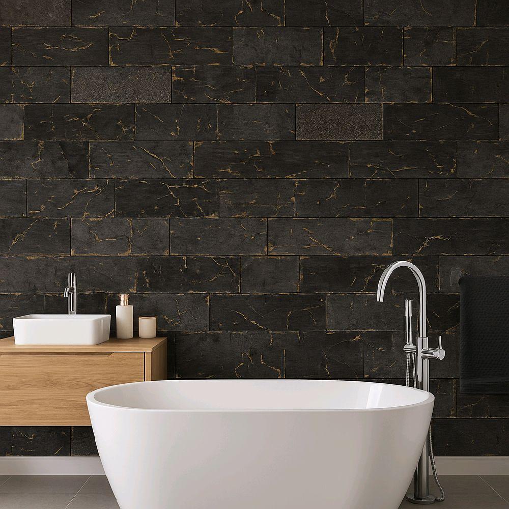 Kintsugi Slate Black/Gold Heavyweight Vinyl Wallpaper bedroom wood panel home kitchen