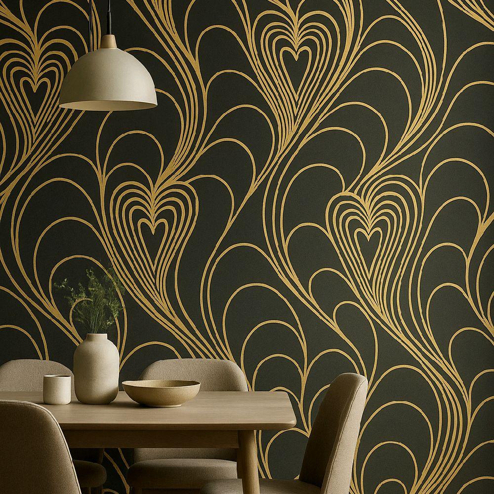 Loved Up Midnight Wallpaper Luxury Wallcovering 10m Roll with Gold Heart Design on Dark Background bedroom black home kitchen