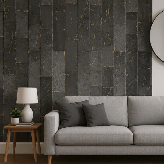 Kintsugi Slate Black/Gold Heavyweight Vinyl Wallpaper bedroom wood panel home kitchen