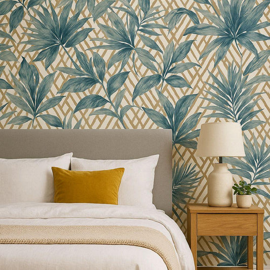 Forage Teal Wallpaper with Tropical Leaf Design for Home Decor kitchen