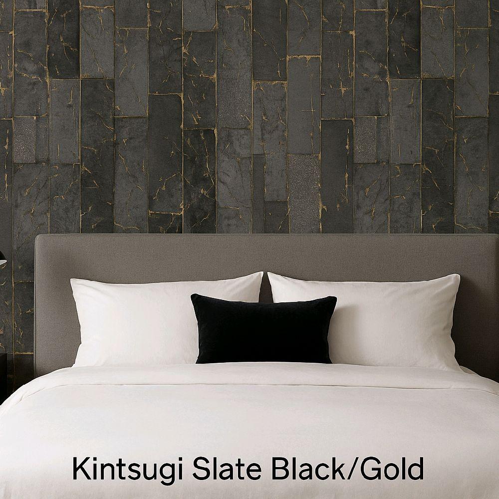 Kintsugi Slate Black/Gold Heavyweight Vinyl Wallpaper bedroom wood panel home kitchen