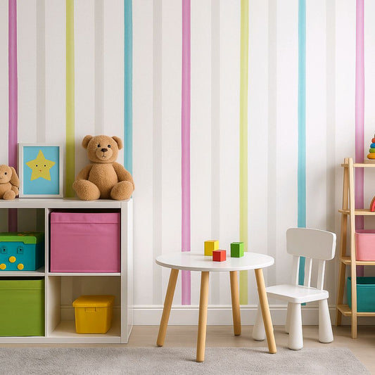 Bright & Playful Striped Wallpaper, yellow, blue, pink, grey and white home kitchen