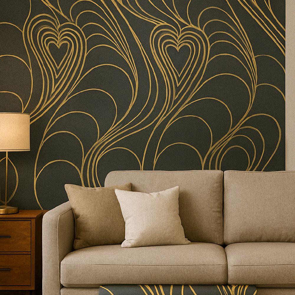 Loved Up Midnight Wallpaper Luxury Wallcovering 10m Roll with Gold Heart Design on Dark Background bedroom black home kitchen