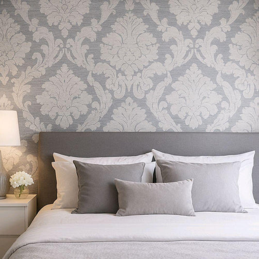 Damask Valencia Silver Grey Textured Wallpaper for Elegant Room Decor bedroom silver grey home kitchen