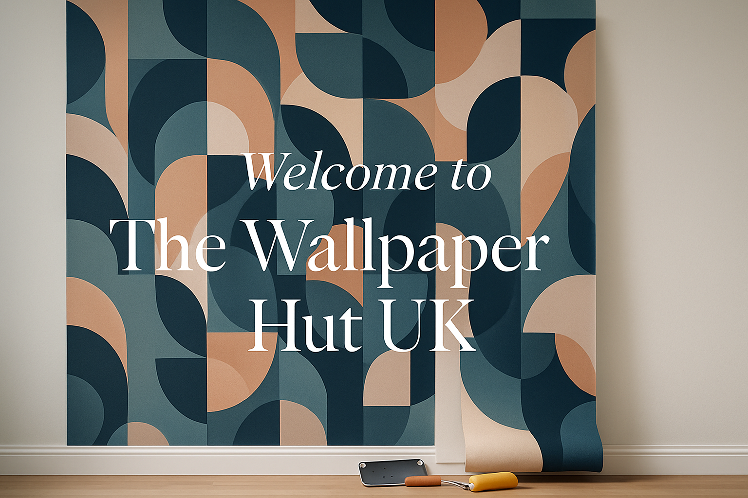 modern wallpaper half applied to a wall with the writing welcome to The Wallpaper Hut UK