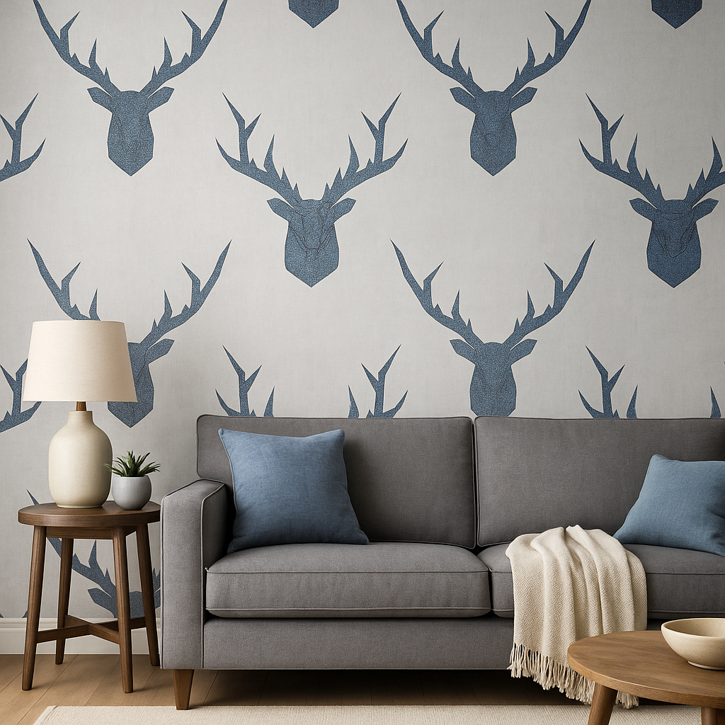 Geo Stag Wallpaper blue glitter and beige