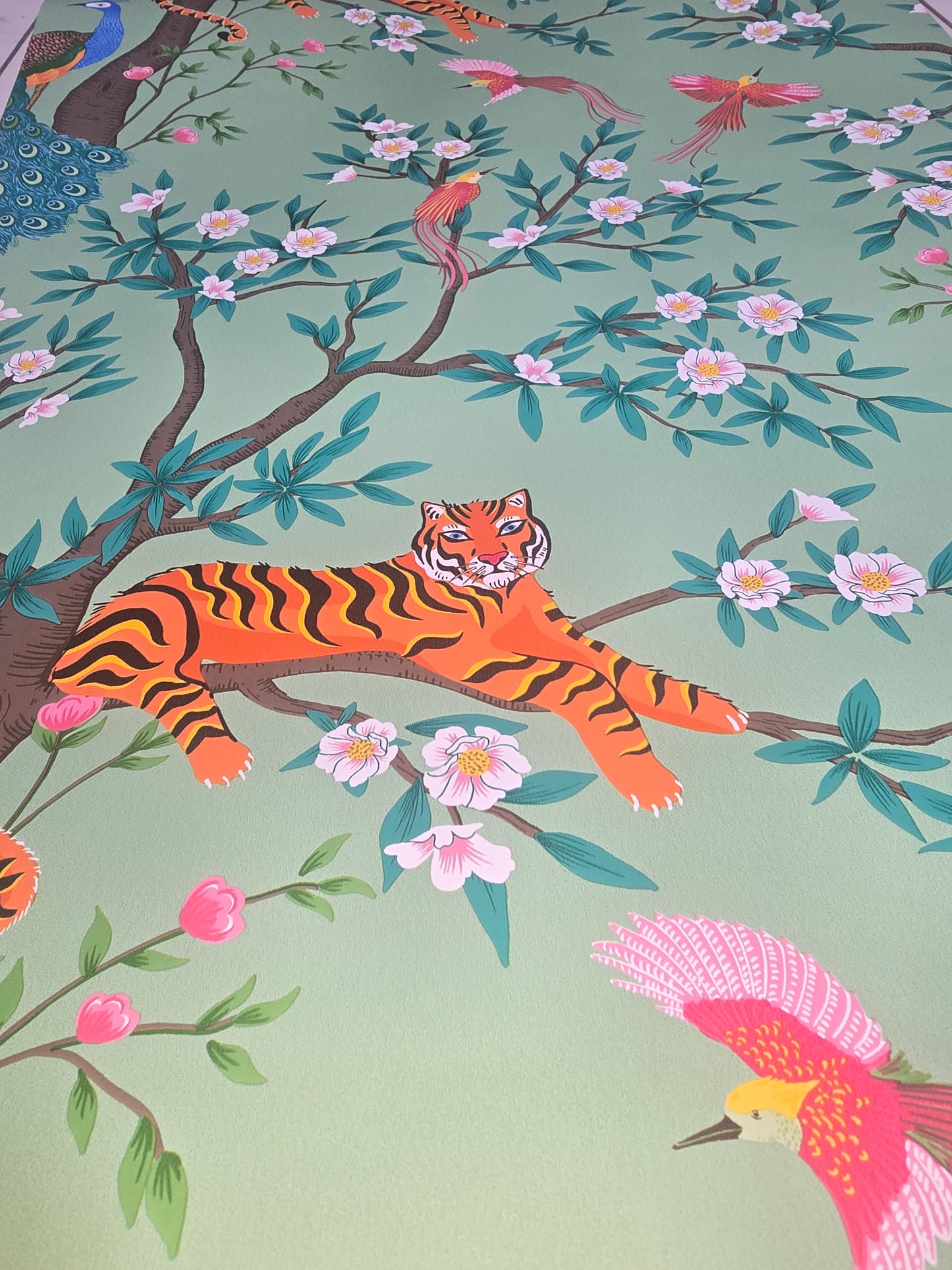Exotic Tiger & Peacock Blossom Wallpaper.