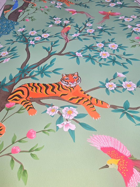 Exotic Tiger & Peacock Blossom Wallpaper.