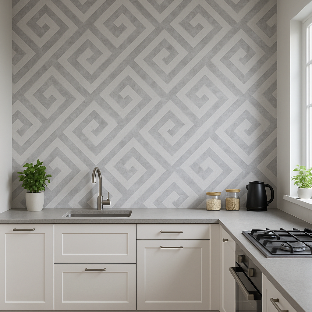 Greek Key Wallpaper in Silver