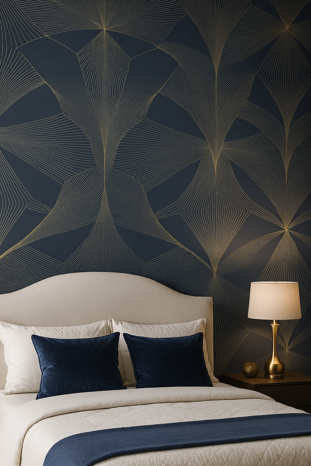 Designer Navy & Gold Geo Line Wallpaper – Modern Feature Wall (FD25526)