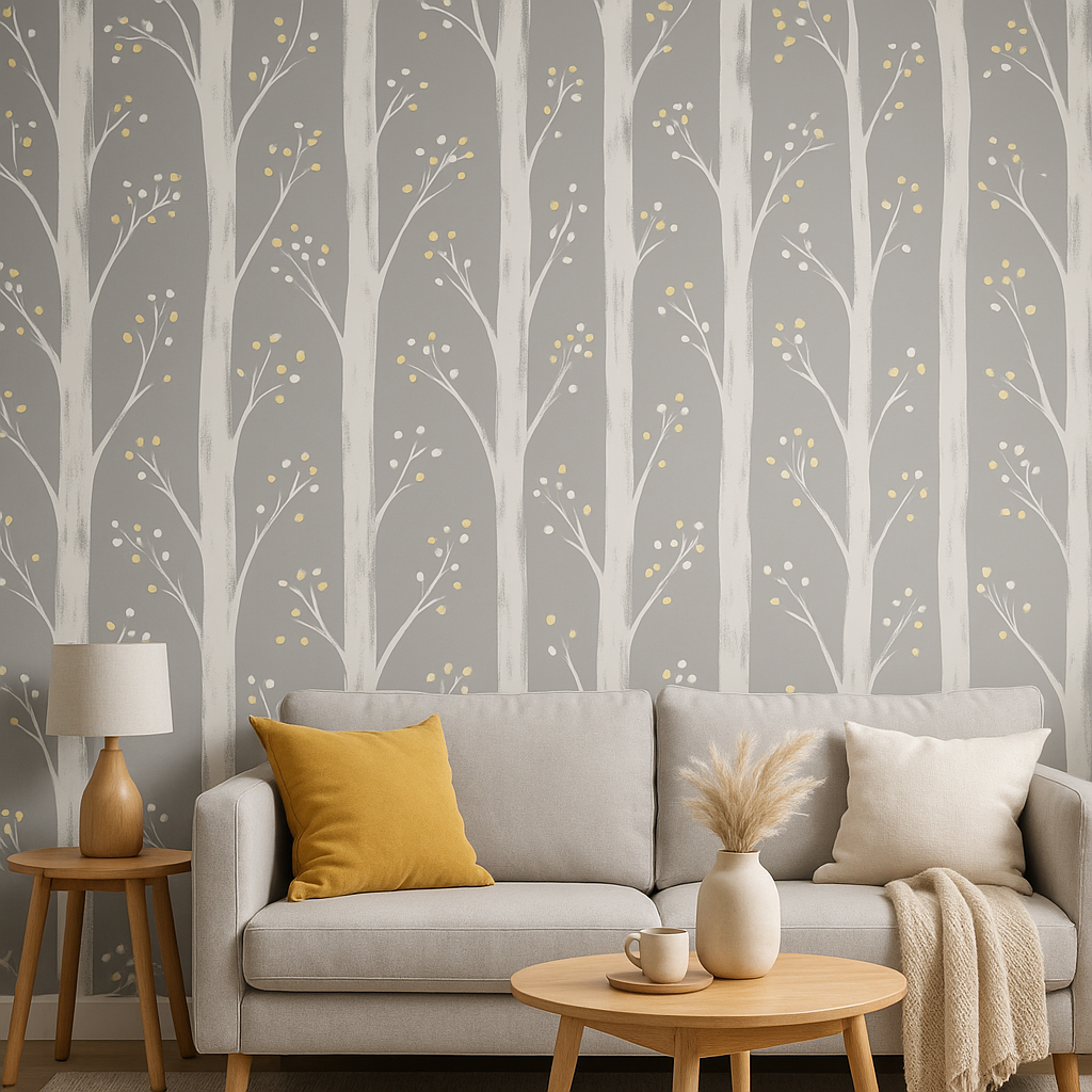 Pretty Trees Ochre Grey Wallpaper