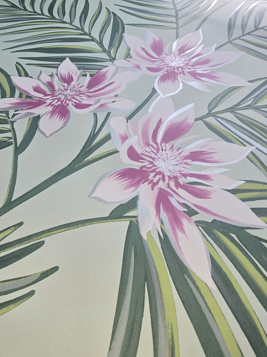 Bali Tropical Floral Green & Pink Wallpaper – FD43278