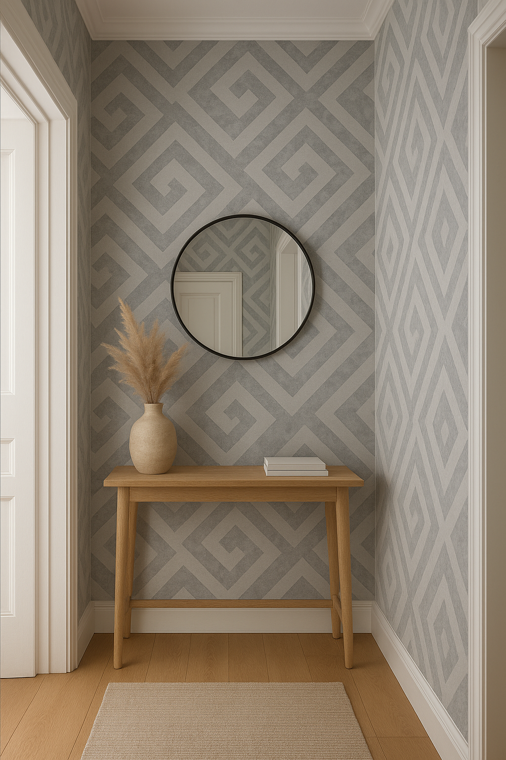 Greek Key Wallpaper in Silver