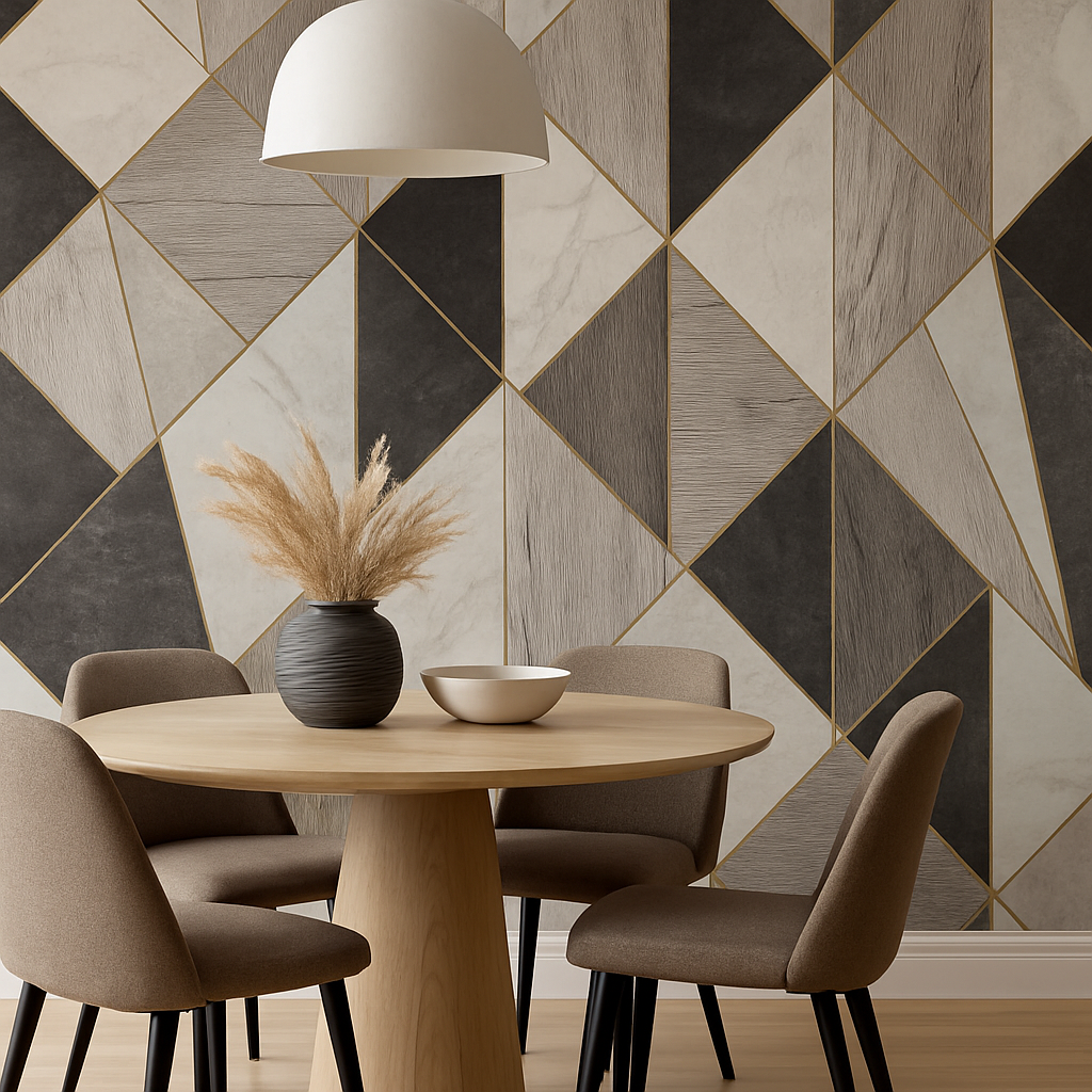 Geometric Marble & Wood Effect Wallpaper with Gold Detailing