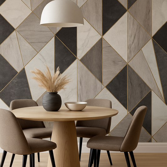 Geometric Marble & Wood Effect Wallpaper with Gold Detailing