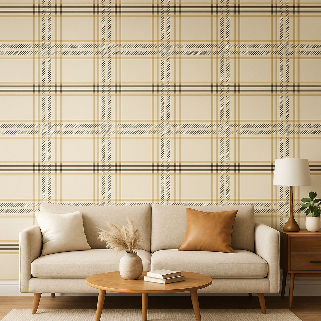 Tartan Check Cream & Gold Wallpaper