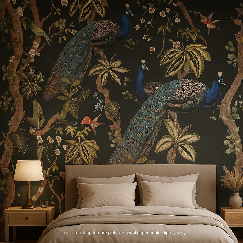 ✨ Feature Wallpaper – Peacock Woods (Charcoal) ✨