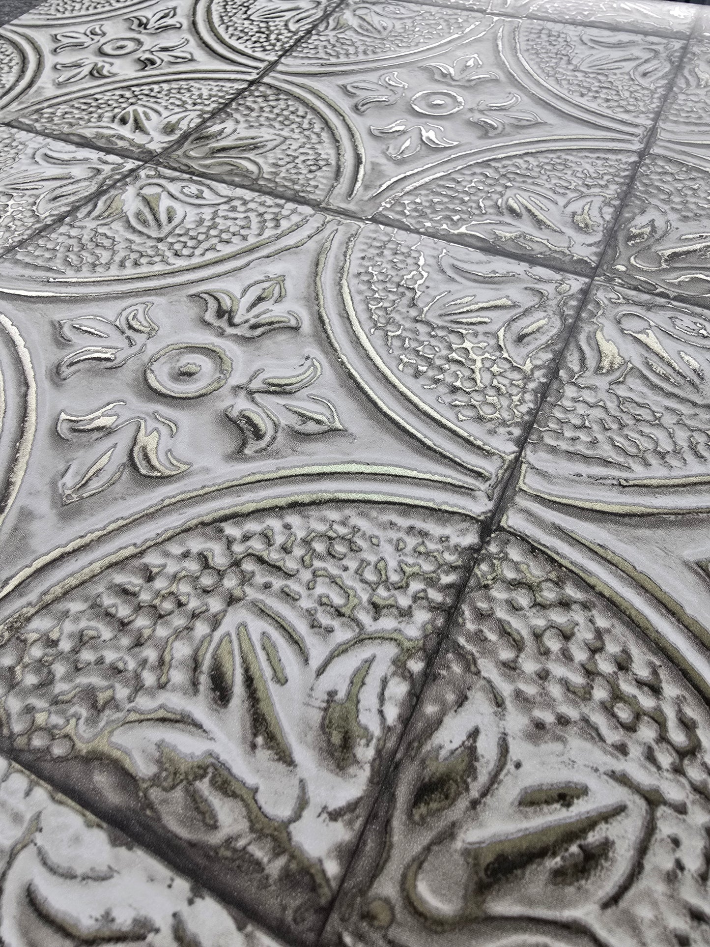 Vintage Embossed Tin Tile Effect Wallpaper – Cream & Stone Grey (FD23764)