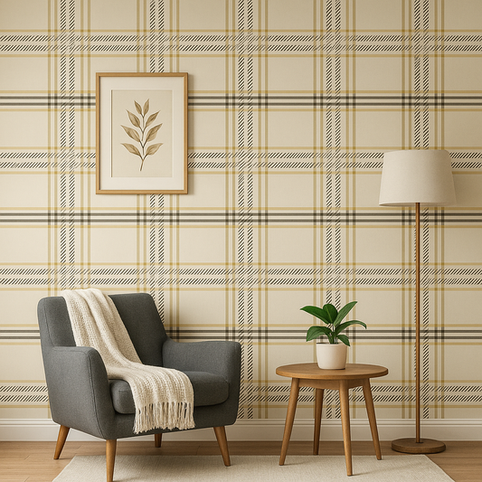 Tartan Check Cream & Gold Wallpaper