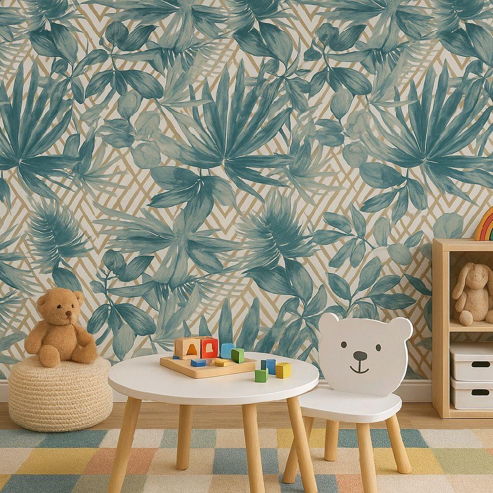 Forage Teal Wallpaper with Tropical Leaf Design for Home Decor kitchen