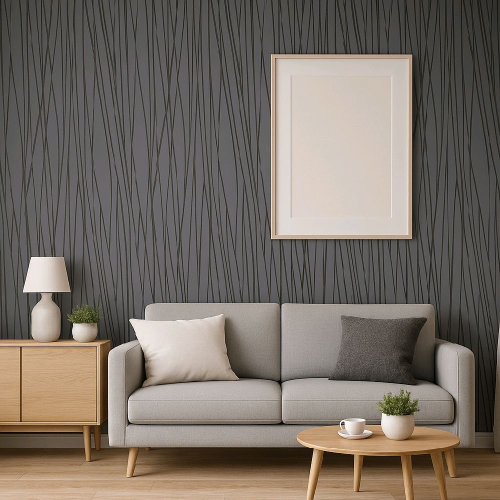 charcoal grey and black feature wallpaper home kitchen