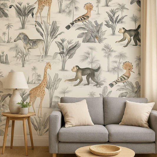Vintage Zoo Wallpaper Soft White with Safari Animals & Tropical Plants for Home Decor kitchen