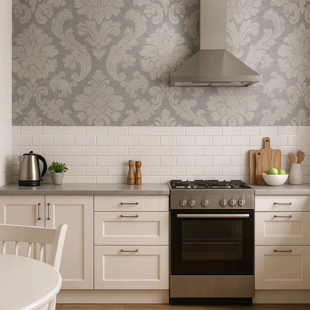 Damask Valencia Silver Grey Textured Wallpaper for Elegant Room Decor bedroom silver grey home kitchen