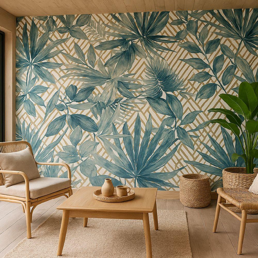 Forage Teal Wallpaper with Tropical Leaf Design for Home Decor kitchen