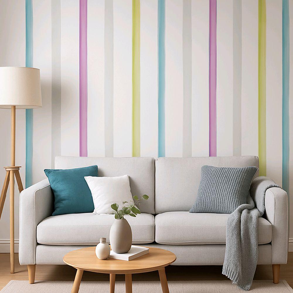 Bright & Playful Striped Wallpaper, yellow, blue, pink, grey and white home kitchen