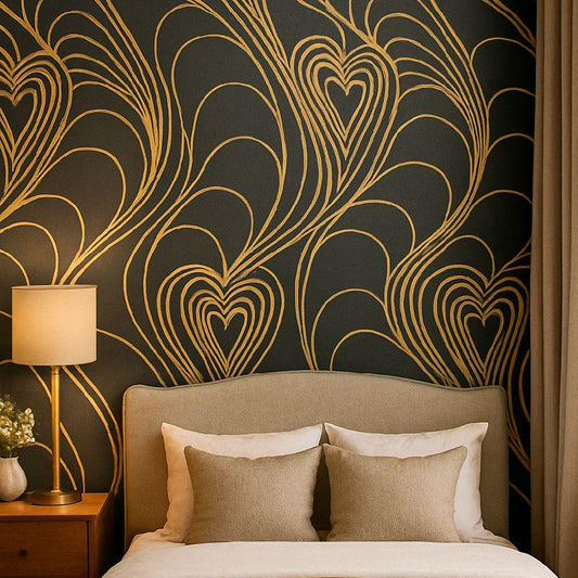 Loved Up Midnight Wallpaper Luxury Wallcovering 10m Roll with Gold Heart Design on Dark Background bedroom black home kitchen