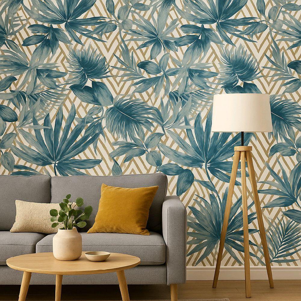 Forage Teal Wallpaper with Tropical Leaf Design for Home Decor kitchen