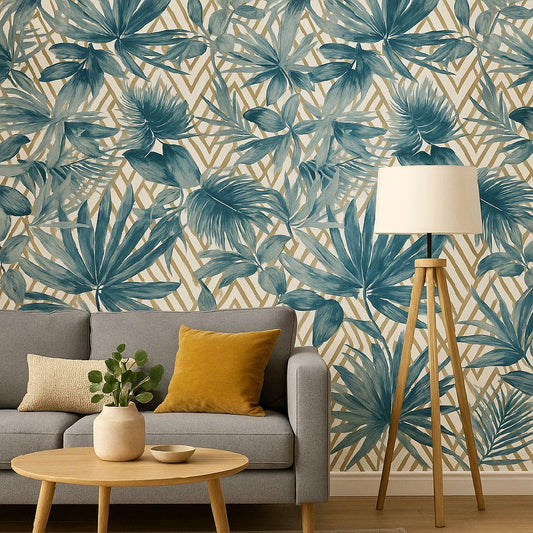 Forage Teal Wallpaper with Tropical Leaf Design for Home Decor kitchen