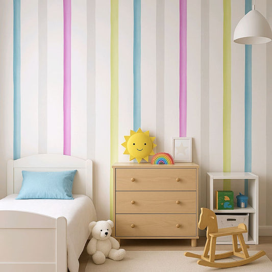 Bright & Playful Striped Wallpaper, yellow, blue, pink, grey and white home kitchen