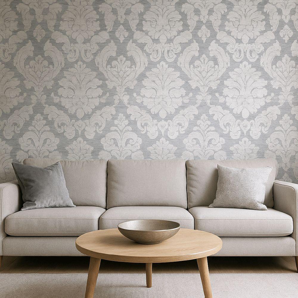 Damask Valencia Silver Grey Textured Wallpaper for Elegant Room Decor bedroom silver grey home kitchen
