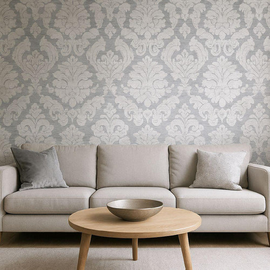 Damask Valencia Silver Grey Textured Wallpaper for Elegant Room Decor bedroom silver grey home kitchen