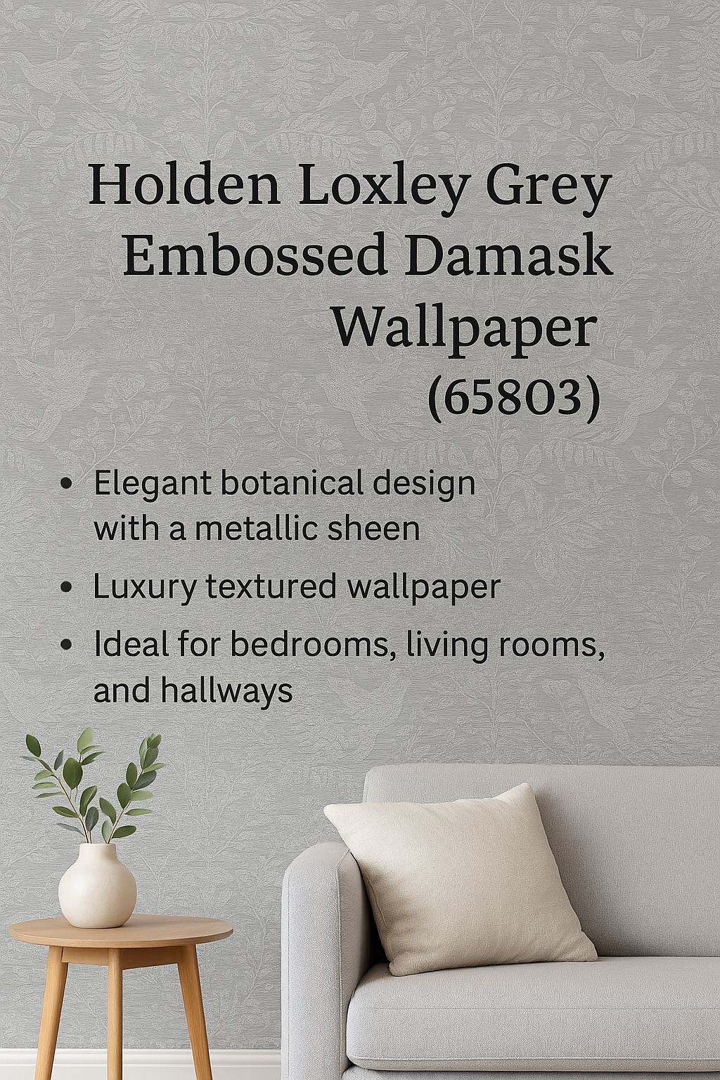 Loxley Grey Textured Botanical Birds Wallpaper (65803)