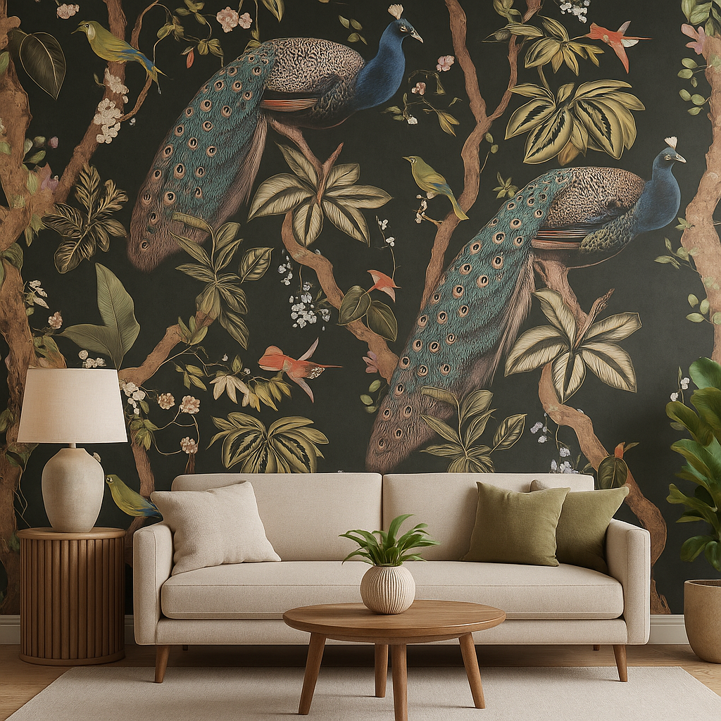 ✨ Feature Wallpaper – Peacock Woods (Charcoal) ✨