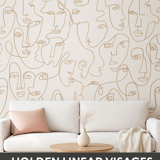 Linear Visages Pink Gold Line Art Wallpaper (91274)