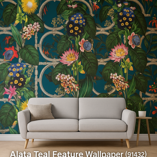 Alata Teal Botanical Baroque Feature Wallpaper (91432)