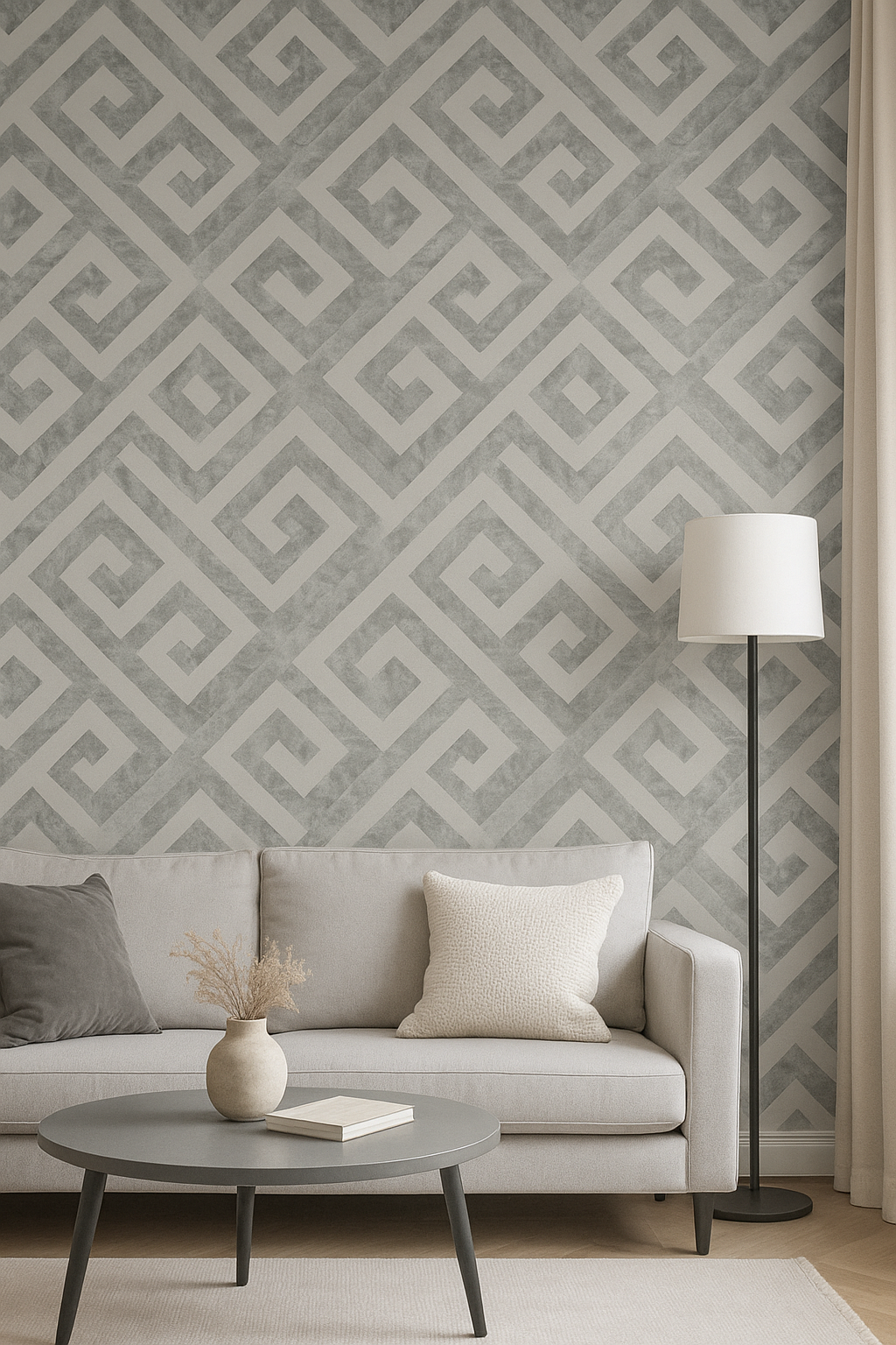 Greek Key Wallpaper in Silver