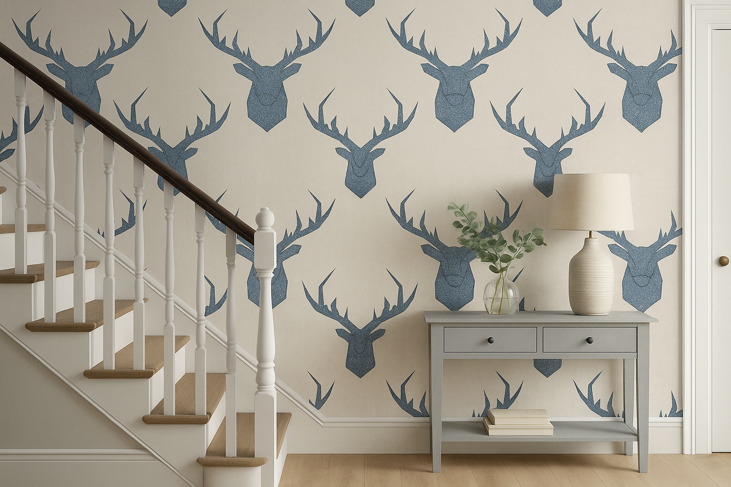 Geo Stag Wallpaper blue glitter and beige