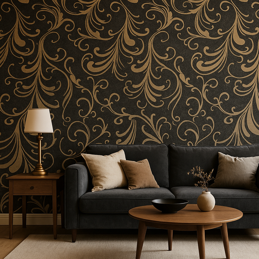 Luxury Baroque Scroll Wallpaper – Charcoal & Gold