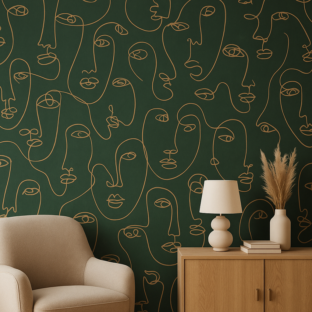 Linear Visages Green & Gold Abstract Face Wallpaper (91270)