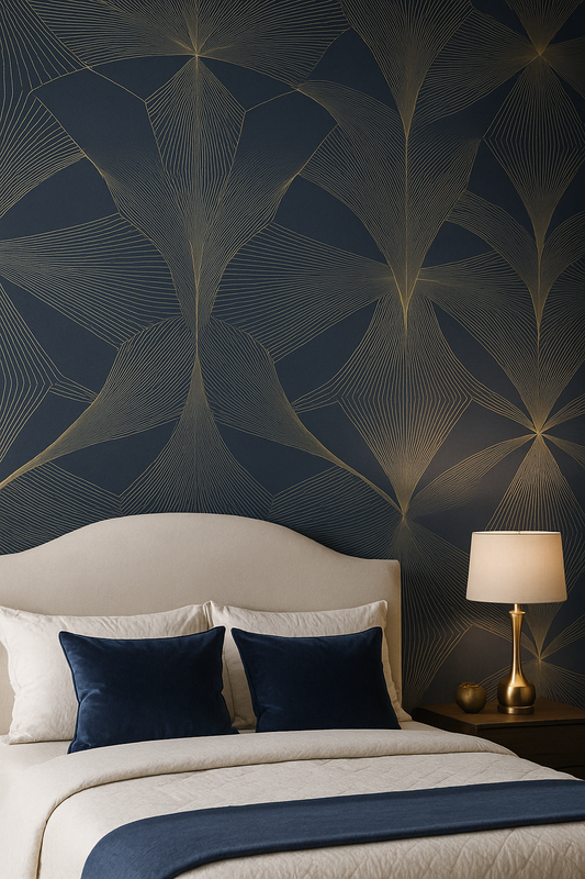 Designer Navy & Gold Geo Line Wallpaper – Modern Feature Wall (FD25526)