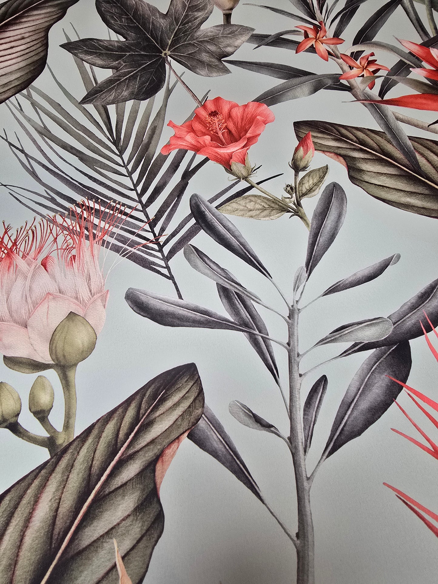 Flora Duck Egg Tropical Botanical Floral Wallpaper by Debona Wallcoverings (5071)