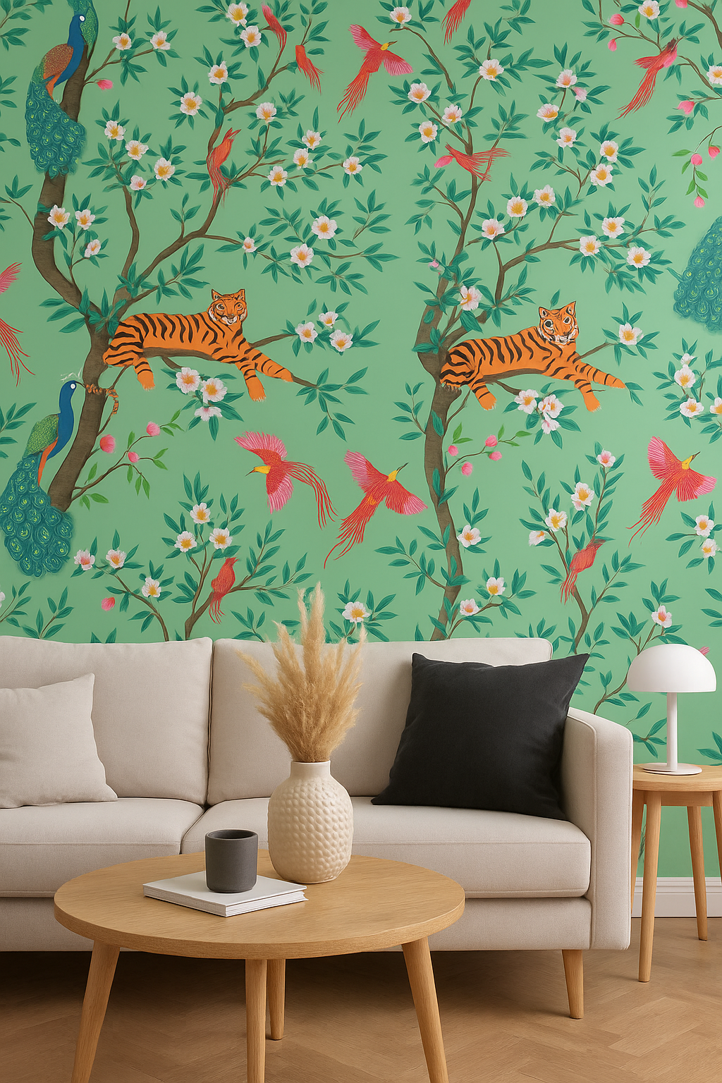 Exotic Tiger & Peacock Blossom Wallpaper.