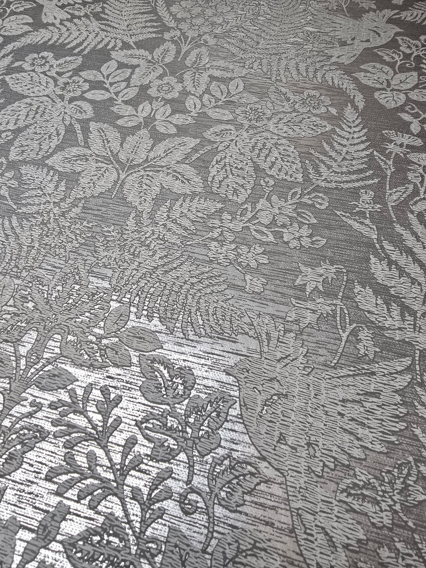 Loxley Grey Textured Botanical Birds Wallpaper (65803)