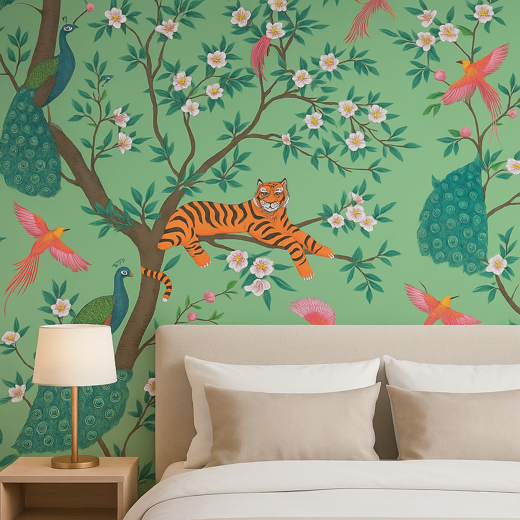 Exotic Tiger & Peacock Blossom Wallpaper.