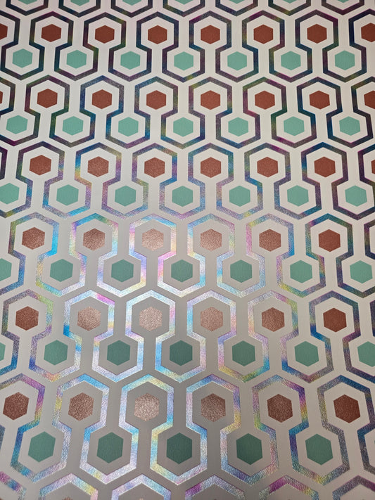 Turquoise & Copper Metallic Hexagon Geometric Wallpaper (GV24292)