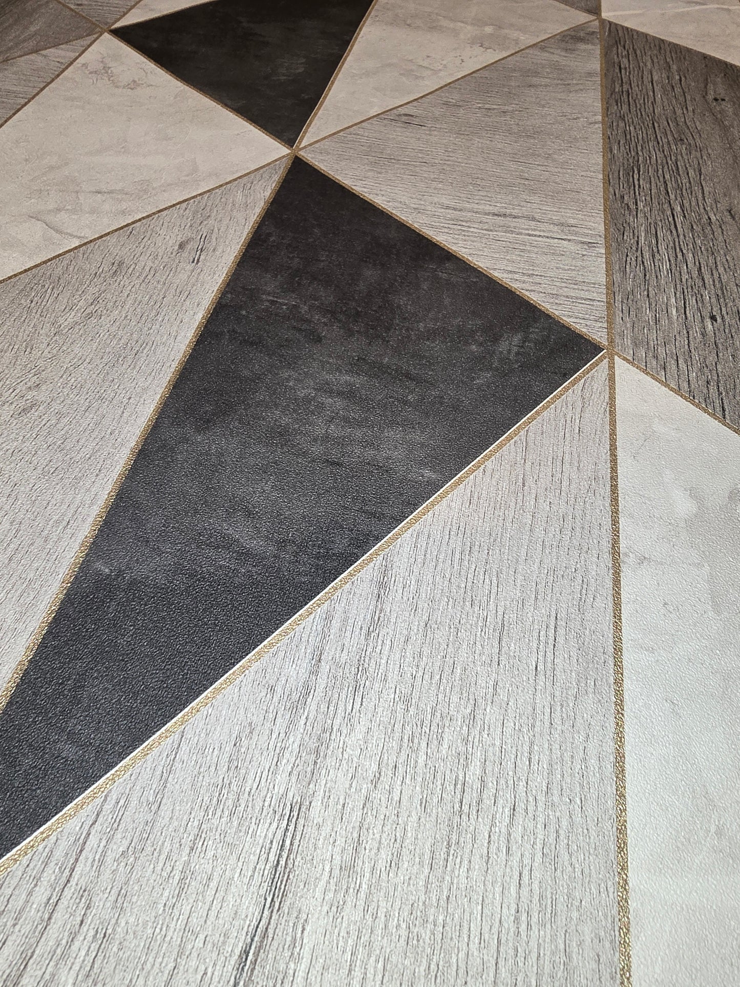 Geometric Marble & Wood Effect Wallpaper with Gold Detailing